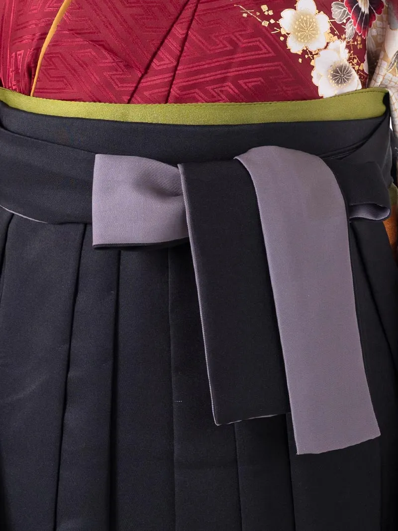 レンタル 卒業袴 二尺袖 0404  「ボルドー  牡丹 菊 梅 桜」黒×グレー