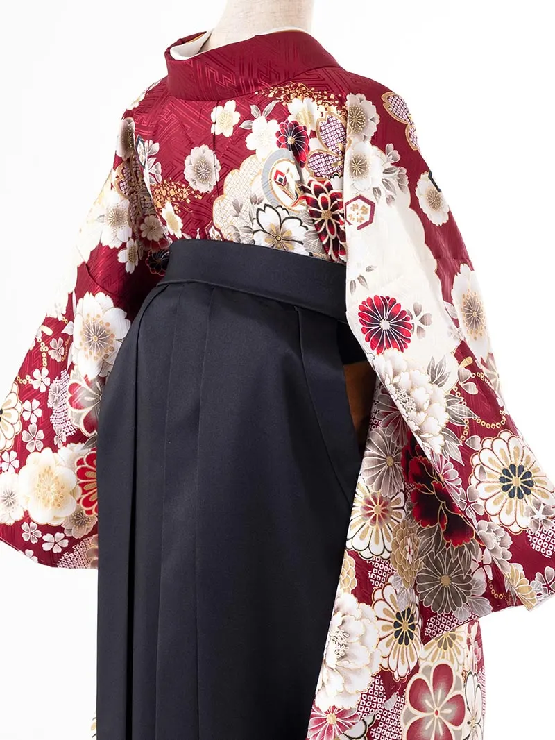 レンタル 卒業袴 二尺袖 0404  「ボルドー  牡丹 菊 梅 桜」黒×グレー