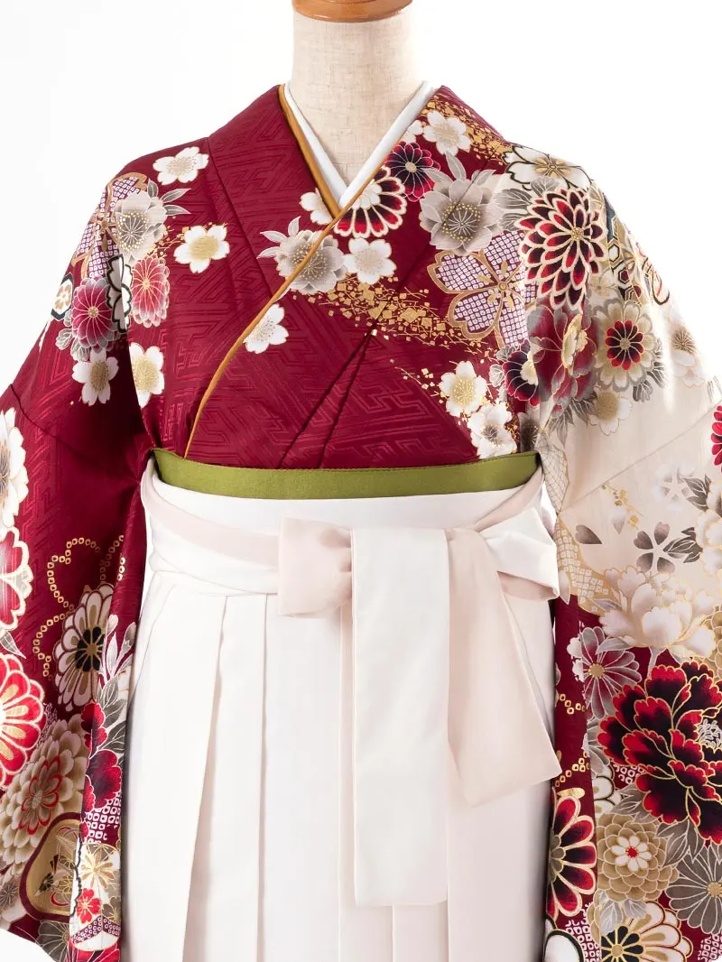 レンタル 卒業袴 二尺袖 0405  「ボルドー  牡丹 菊 梅 桜」アイボリー