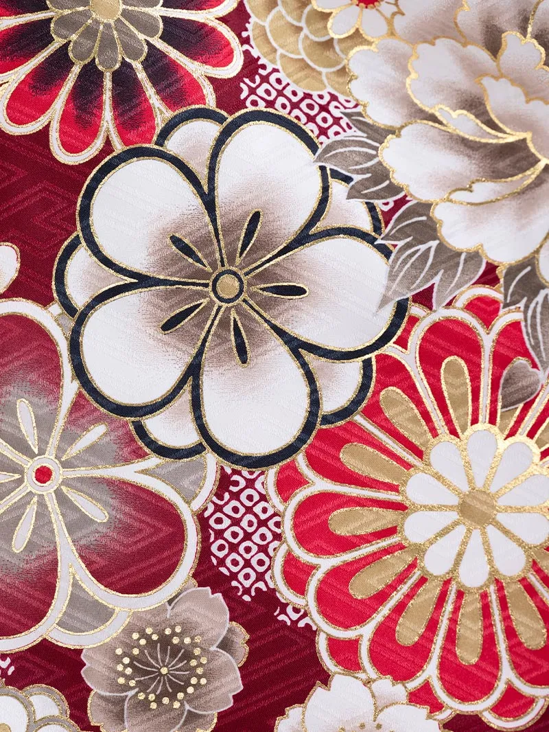 レンタル 卒業袴 二尺袖 0405  「ボルドー  牡丹 菊 梅 桜」アイボリー