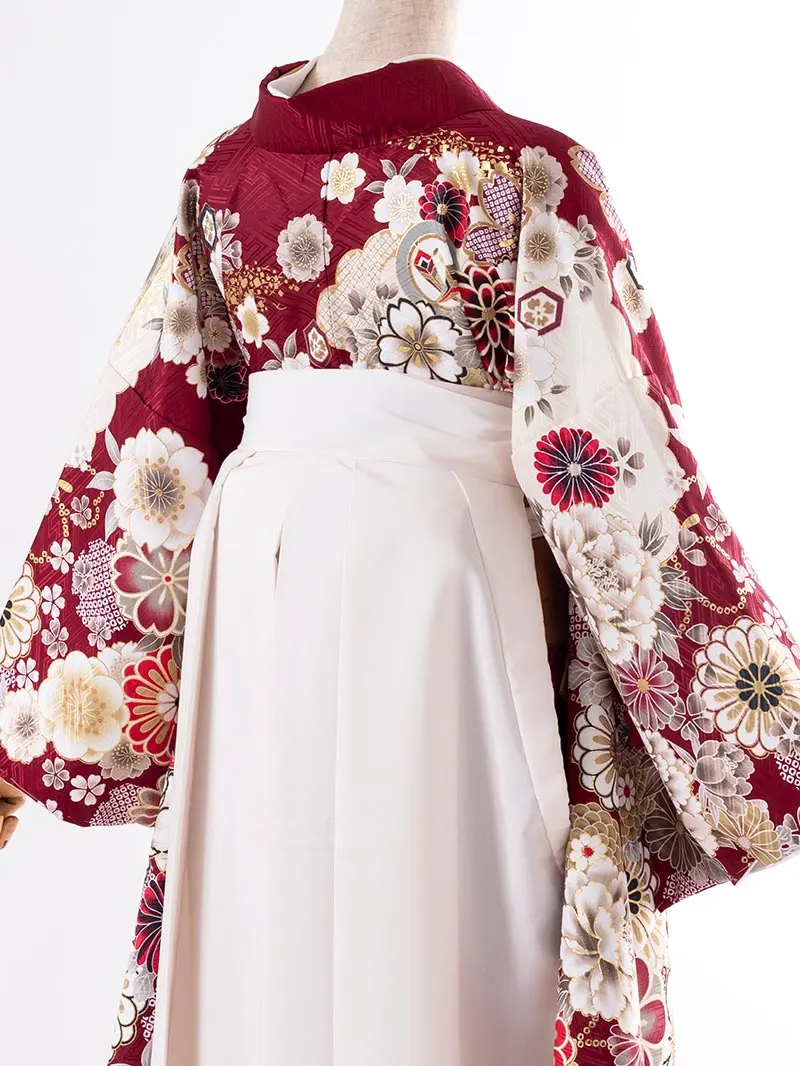 レンタル 卒業袴 二尺袖 0405  「ボルドー  牡丹 菊 梅 桜」アイボリー