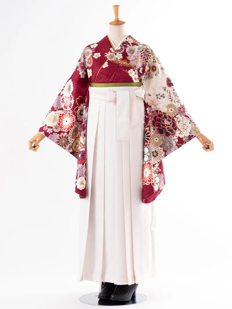 レンタル 卒業袴 二尺袖 0405  「ボルドー  牡丹 菊 梅 桜」アイボリー