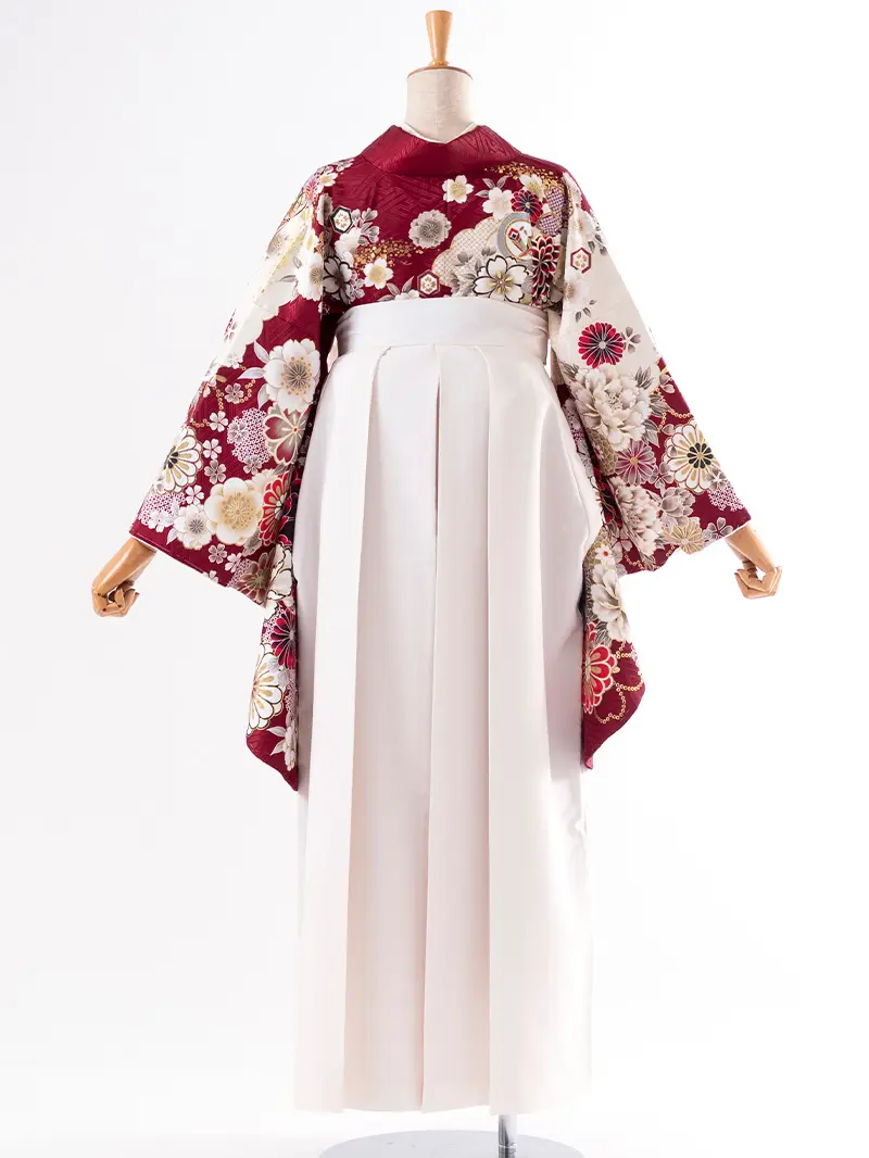 レンタル 卒業袴 二尺袖 0405  「ボルドー  牡丹 菊 梅 桜」アイボリー