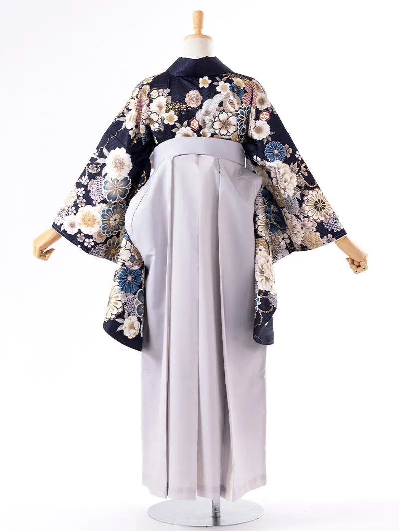 レンタル 卒業袴 二尺袖 0406  「ネイビー  牡丹 菊 梅 桜」グレー