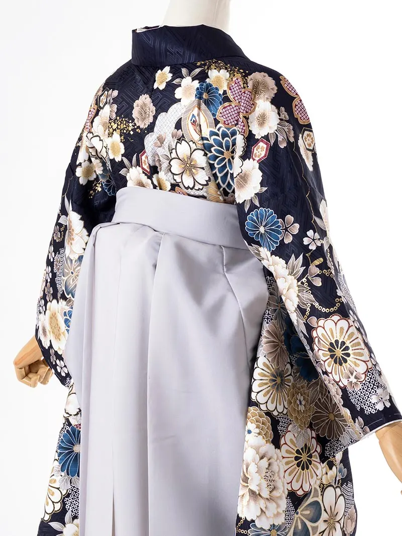 レンタル 卒業袴 二尺袖 0406  「ネイビー  牡丹 菊 梅 桜」グレー