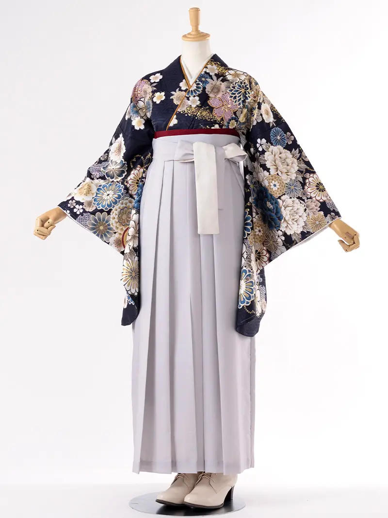レンタル 卒業袴 二尺袖 0406  「ネイビー  牡丹 菊 梅 桜」グレー