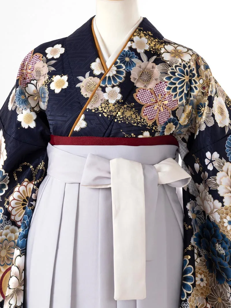 レンタル 卒業袴 二尺袖 0406  「ネイビー  牡丹 菊 梅 桜」グレー