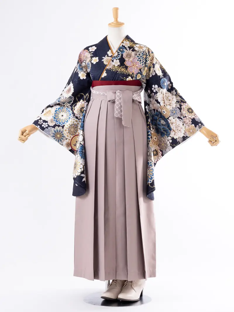 レンタル 卒業袴 二尺袖 0407  「ネイビー  牡丹 菊 梅 桜」グレージュ