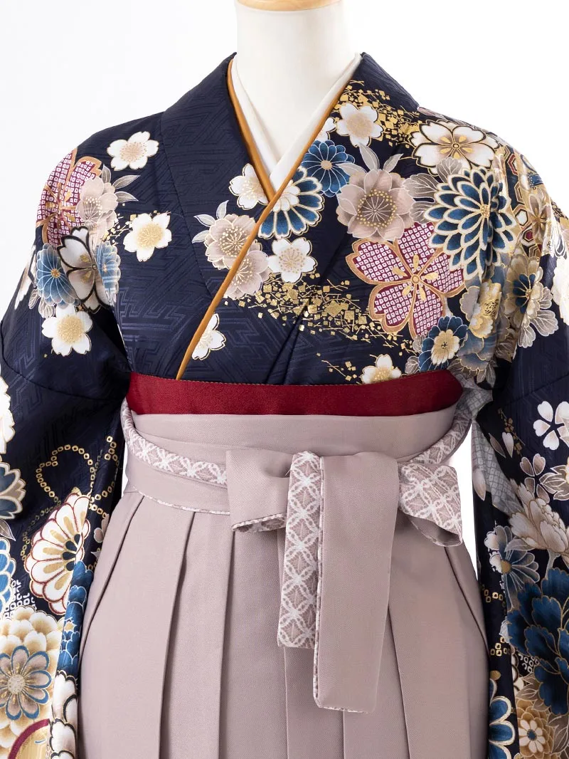 レンタル 卒業袴 二尺袖 0407  「ネイビー  牡丹 菊 梅 桜」グレージュ