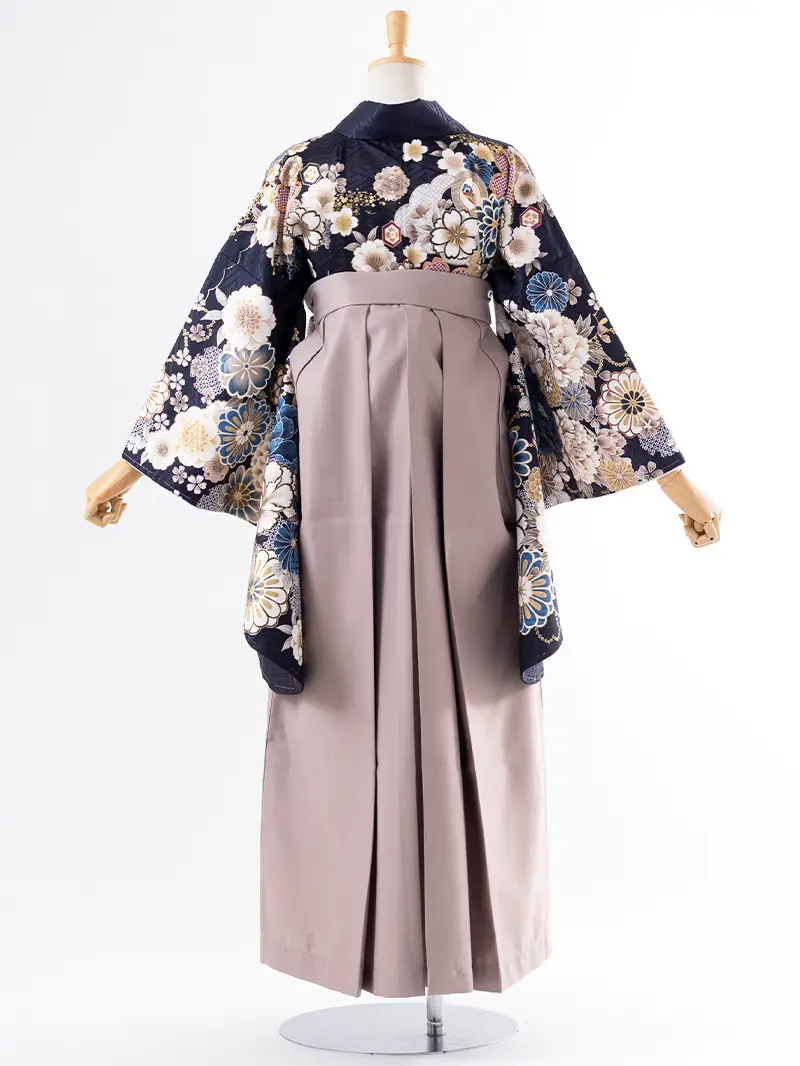 レンタル 卒業袴 二尺袖 0407  「ネイビー  牡丹 菊 梅 桜」グレージュ