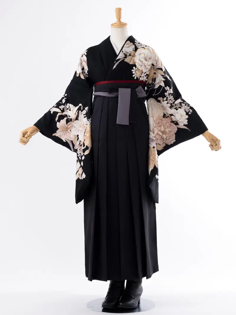レンタル 卒業袴 二尺袖 0409  「牡丹 百合」黒×グレー