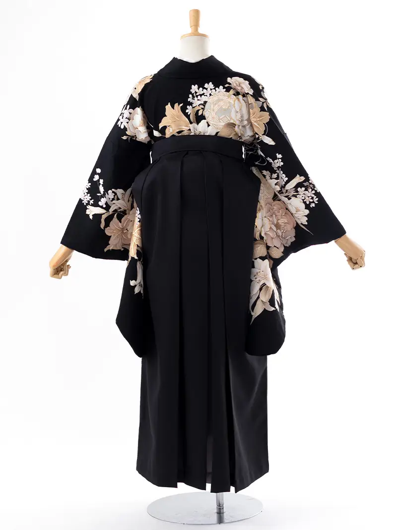 レンタル 卒業袴 二尺袖 0409  「牡丹 百合」黒×グレー