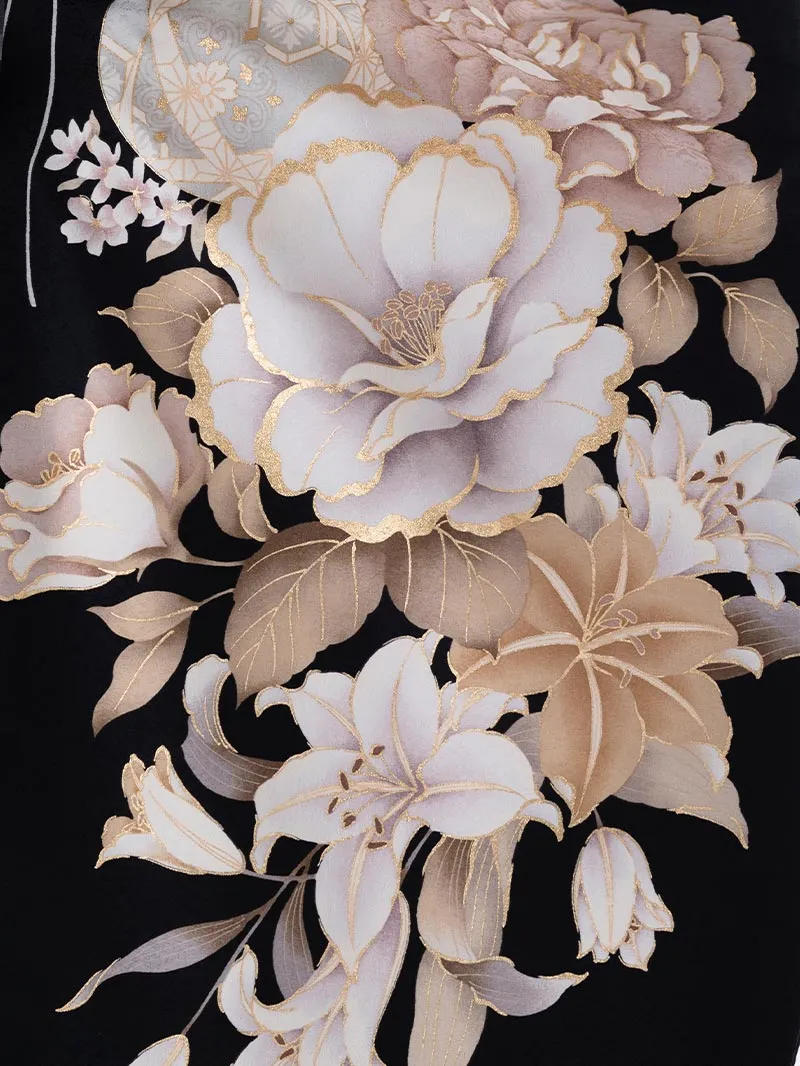 レンタル 卒業袴 二尺袖 0409  「牡丹 百合」黒×グレー