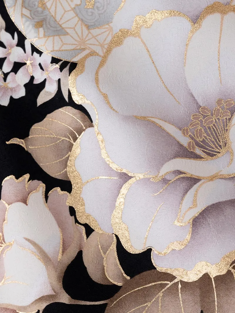 レンタル 卒業袴 二尺袖 0409  「牡丹 百合」黒×グレー