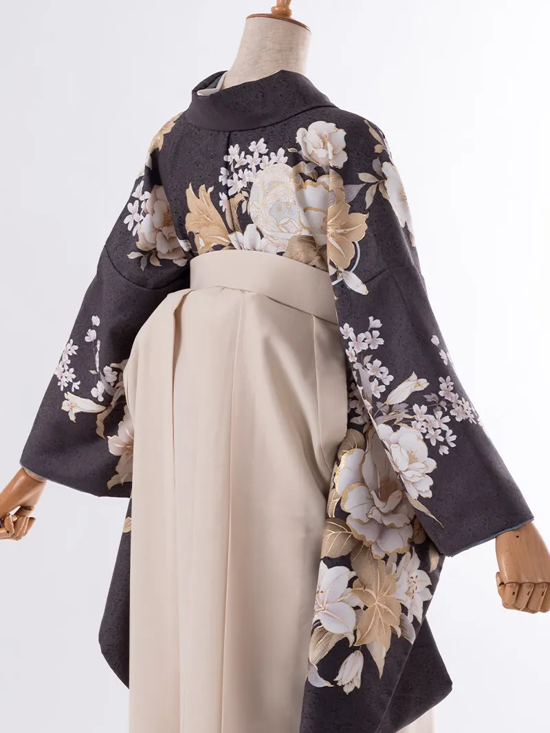 レンタル 卒業袴 二尺袖 0411  「牡丹 百合」アイボリー