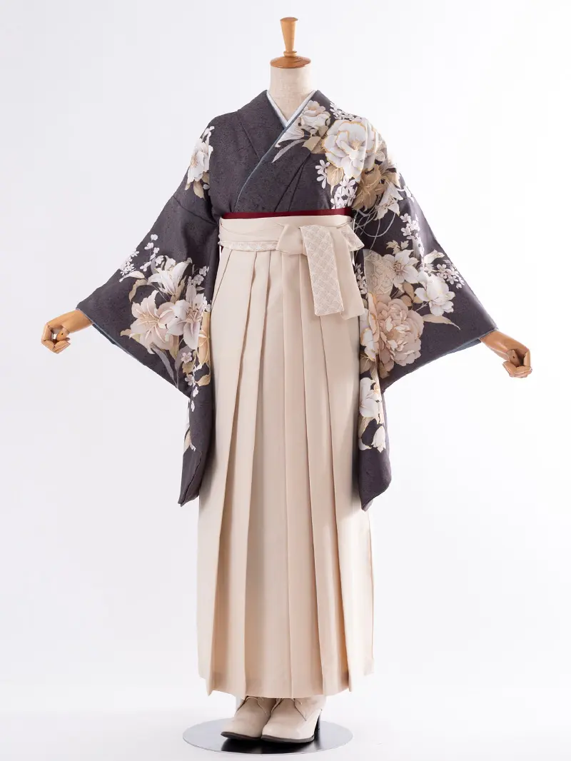 レンタル 卒業袴 二尺袖 0411  「牡丹 百合」アイボリー