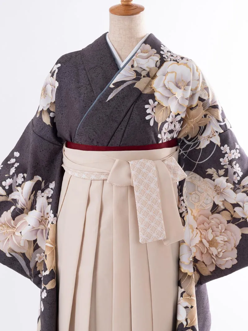 レンタル 卒業袴 二尺袖 0411  「牡丹 百合」アイボリー