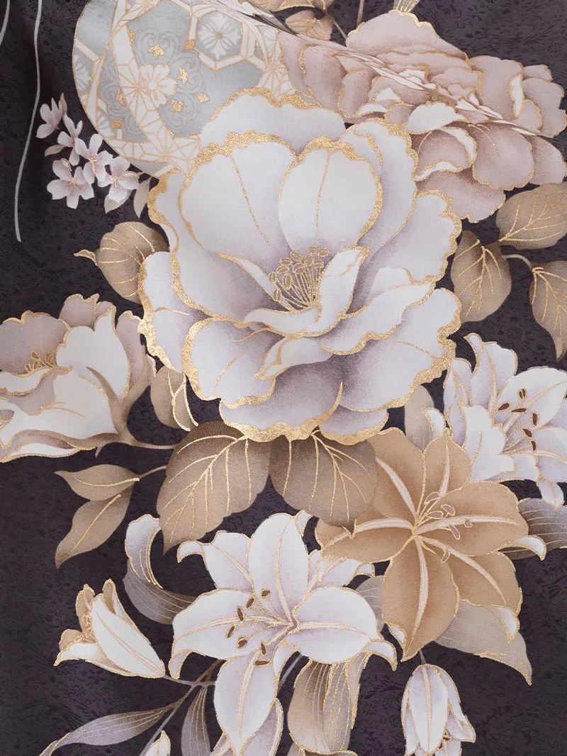 レンタル 卒業袴 二尺袖 0411  「牡丹 百合」アイボリー