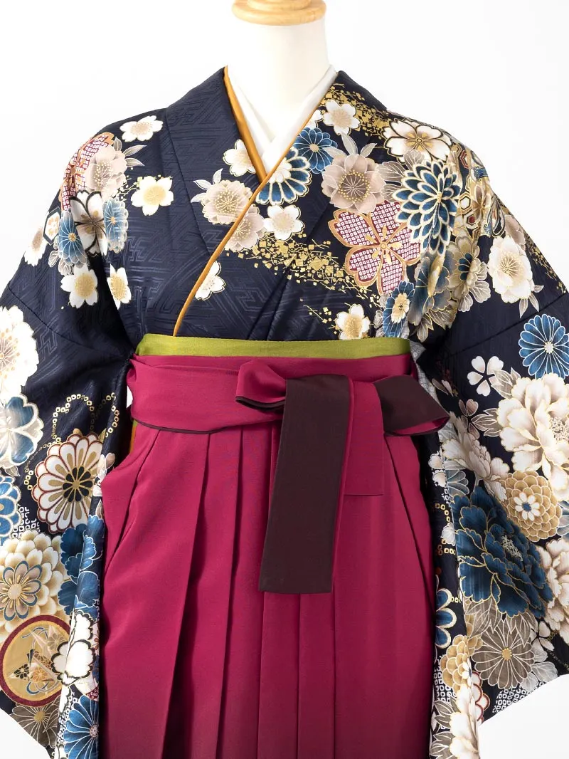 卒業袴 二尺袖 0418  「ネイビー  牡丹 菊 梅 桜」ぼかし刺繍えんじ