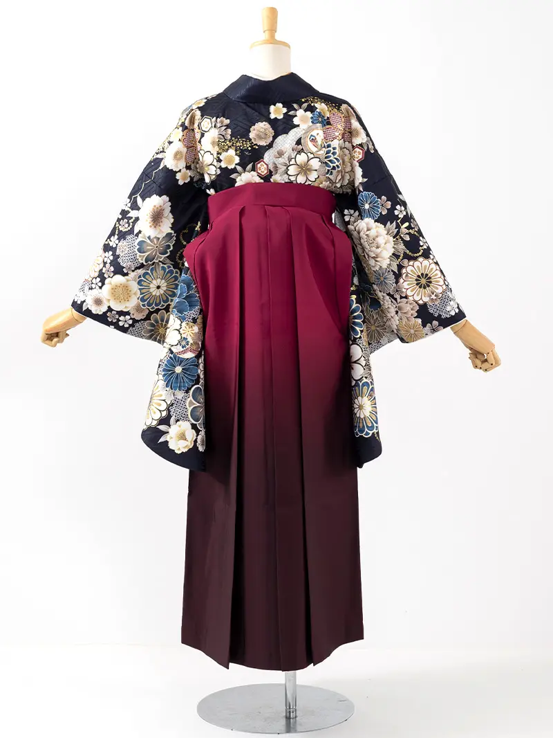 卒業袴 二尺袖 0418  「ネイビー  牡丹 菊 梅 桜」ぼかし刺繍えんじ