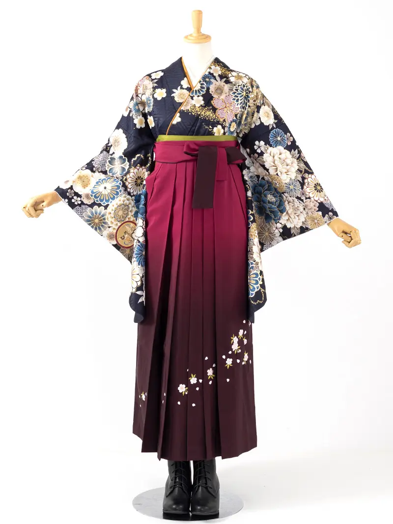 卒業袴 二尺袖 0418  「ネイビー  牡丹 菊 梅 桜」ぼかし刺繍えんじ