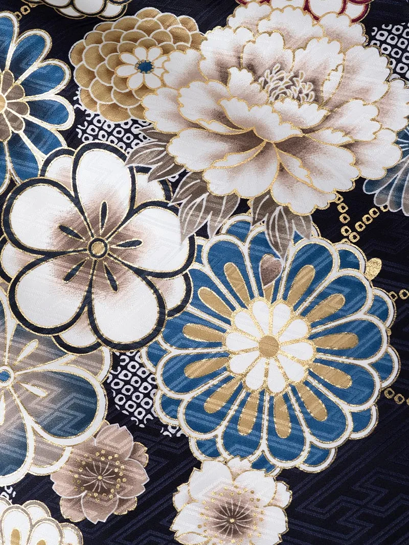 卒業袴 二尺袖 0418  「ネイビー  牡丹 菊 梅 桜」ぼかし刺繍えんじ