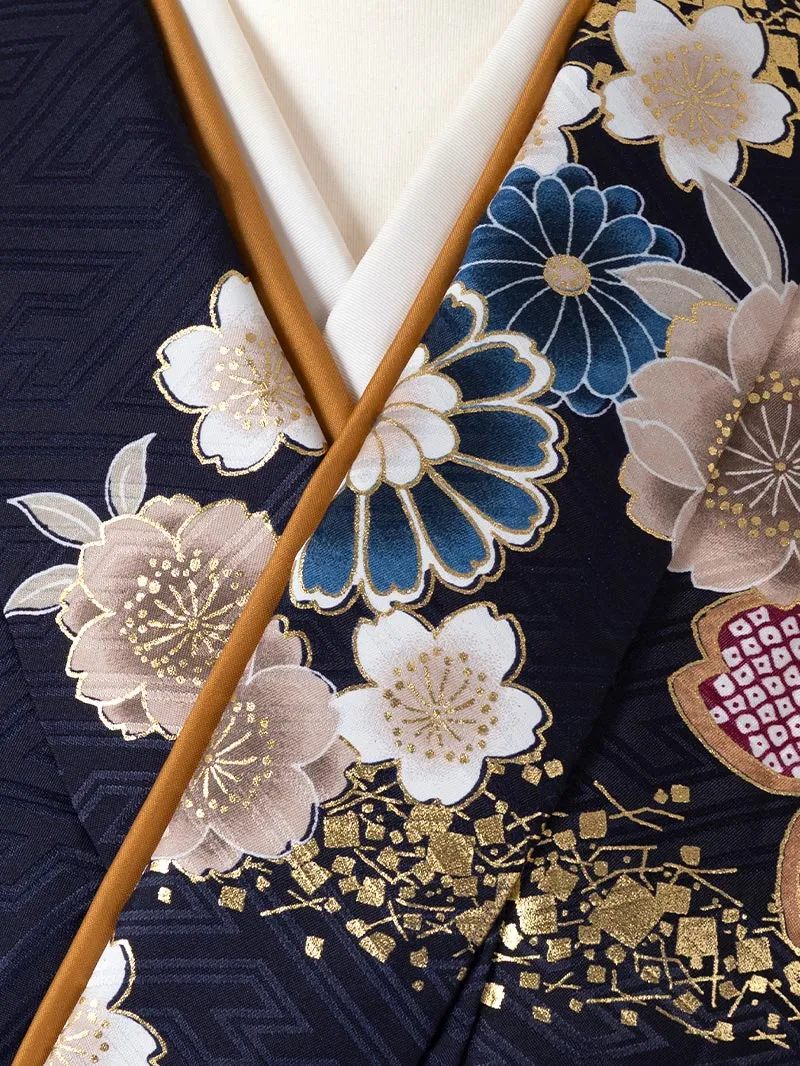 卒業袴 二尺袖 0418  「ネイビー  牡丹 菊 梅 桜」ぼかし刺繍えんじ