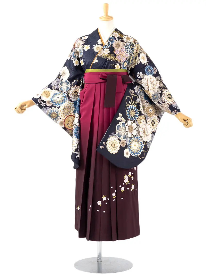 卒業袴 二尺袖 0418  「ネイビー  牡丹 菊 梅 桜」ぼかし刺繍えんじ