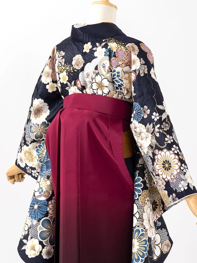 卒業袴 二尺袖 0418  「ネイビー  牡丹 菊 梅 桜」ぼかし刺繍えんじ