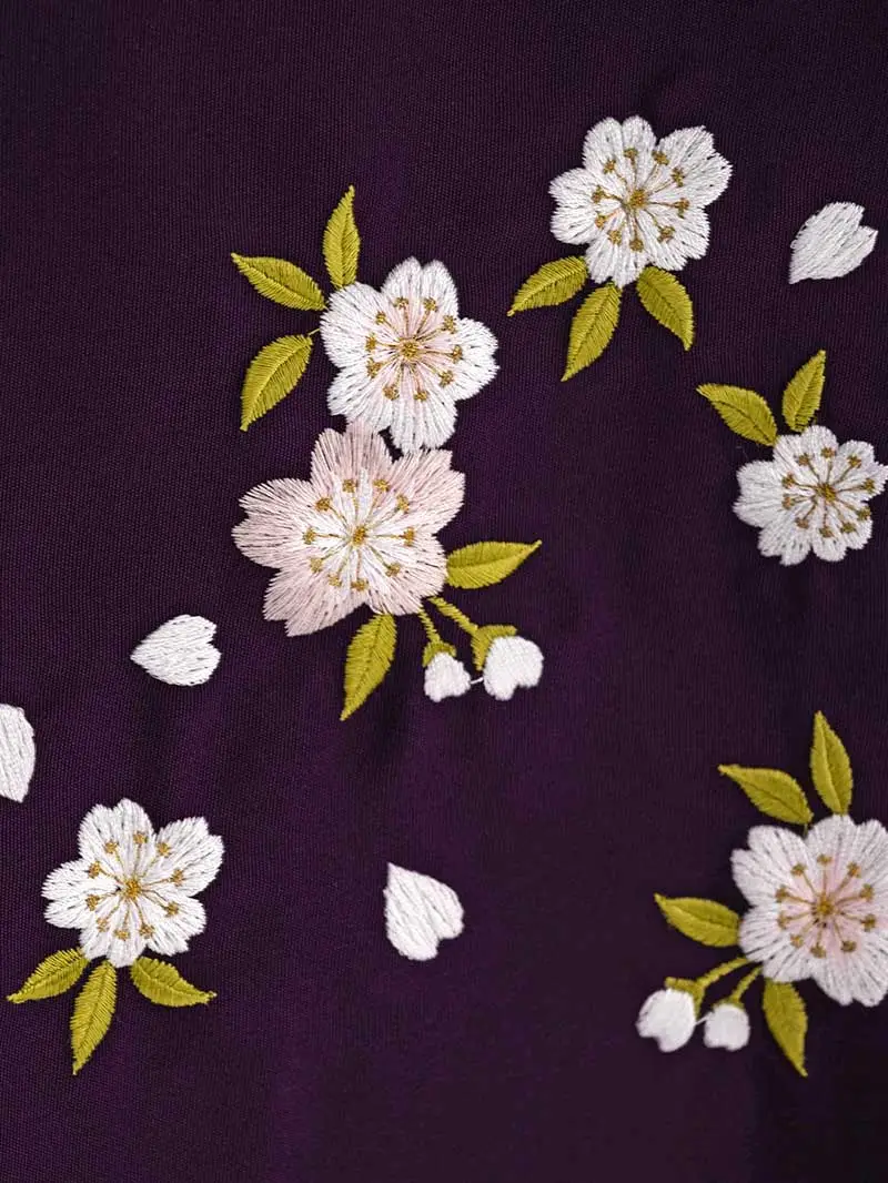 レンタル 卒業袴 二尺袖 0429 水彩画風 花柄 オレンジ＆刺繍袴紫