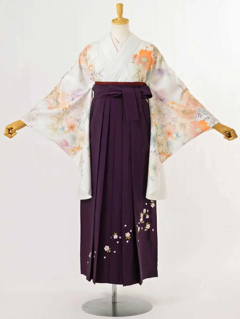 レンタル 卒業袴 二尺袖 0429 水彩画風 花柄 オレンジ＆刺繍袴紫