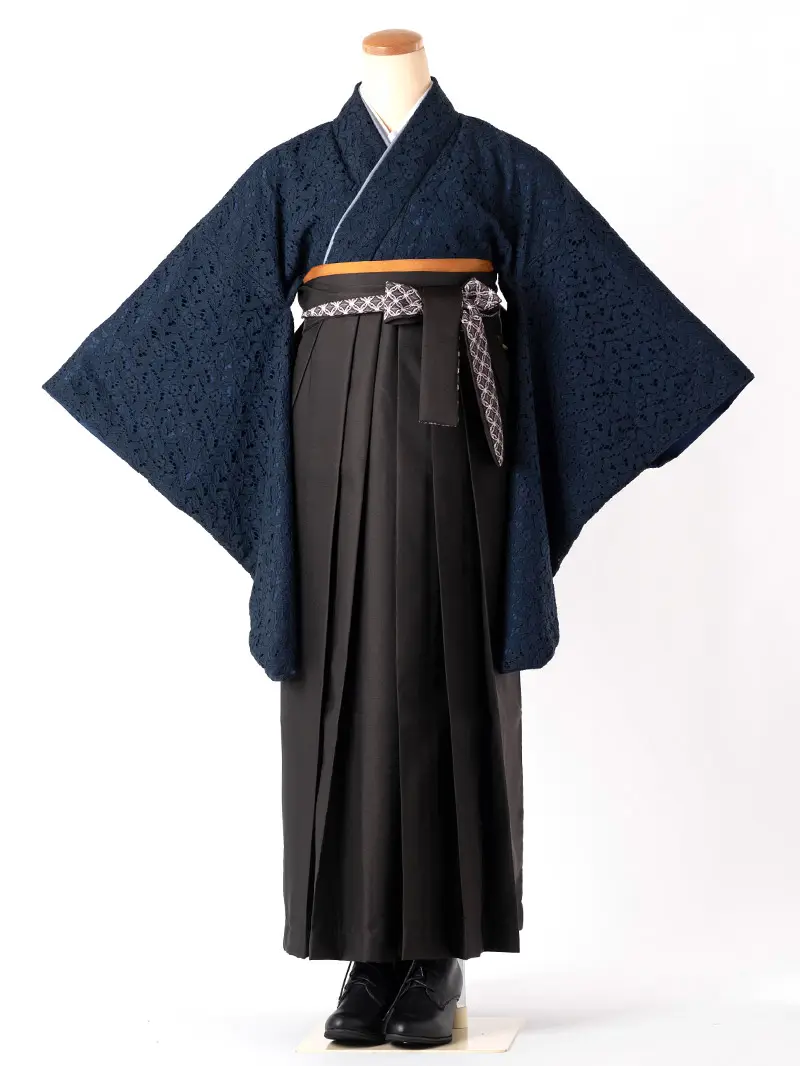 レンタル 卒業袴 二尺袖 0657 紺レース＆レースプリント袴チャコール