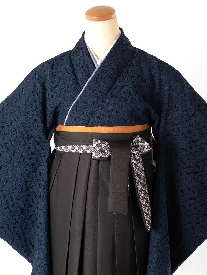 レンタル 卒業袴 二尺袖 0657 紺レース＆レースプリント袴チャコール