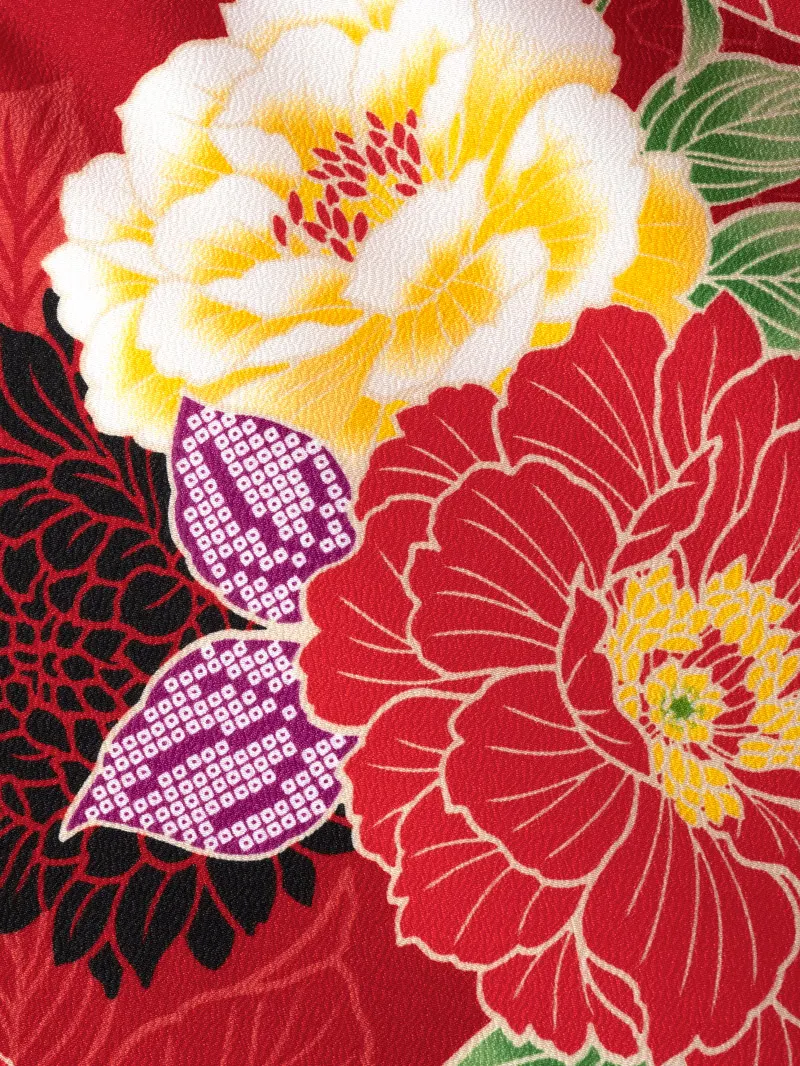 レンタル 卒業袴 二尺袖 0698 赤地に大きな牡丹＆ぼかし刺繍袴えんじ