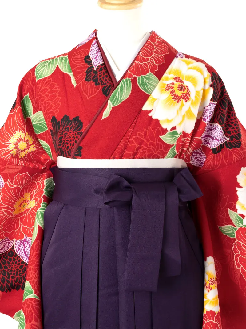 レンタル 卒業袴 二尺袖 0699 赤地に大きな牡丹＆刺繍袴紫