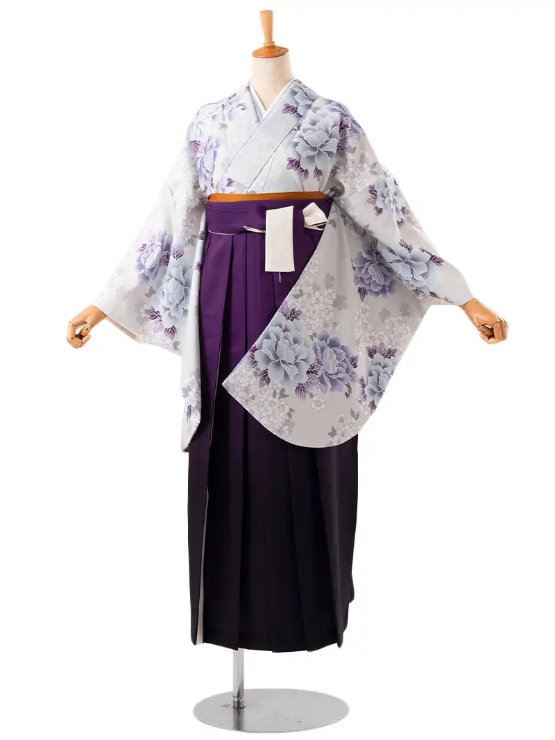 卒業袴 二尺袖 0708  「グレー地に芍薬と桜」ボカシバイカラー紫
