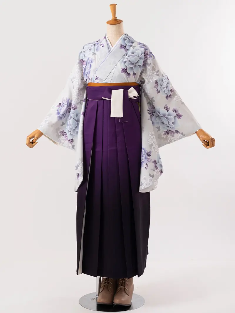 卒業袴 二尺袖 0708  「グレー地に芍薬と桜」ボカシバイカラー紫