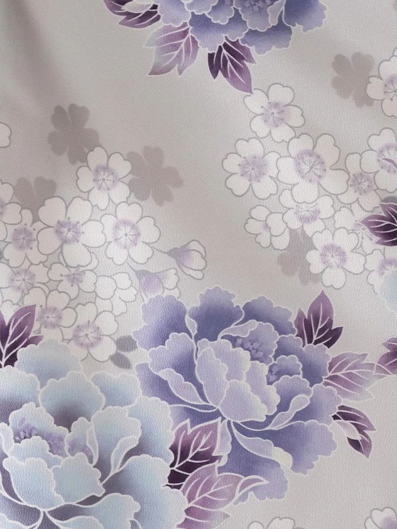 卒業袴 二尺袖 0708  「グレー地に芍薬と桜」ボカシバイカラー紫