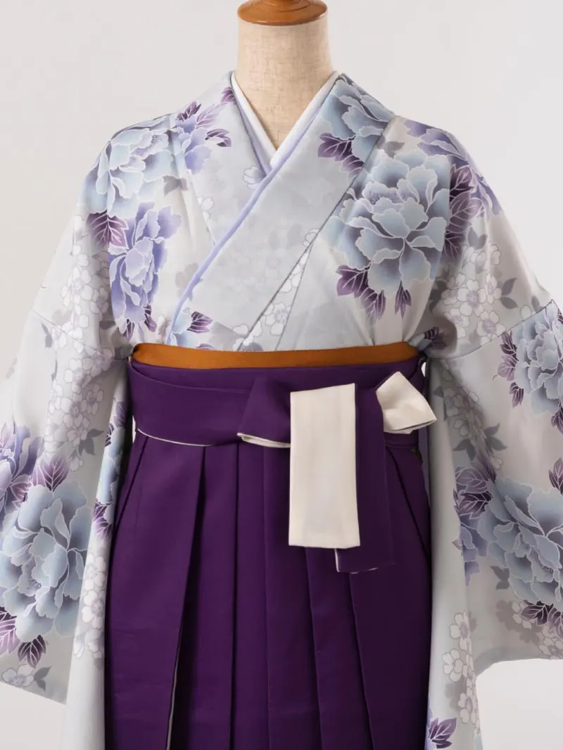 卒業袴 二尺袖 0708  「グレー地に芍薬と桜」ボカシバイカラー紫