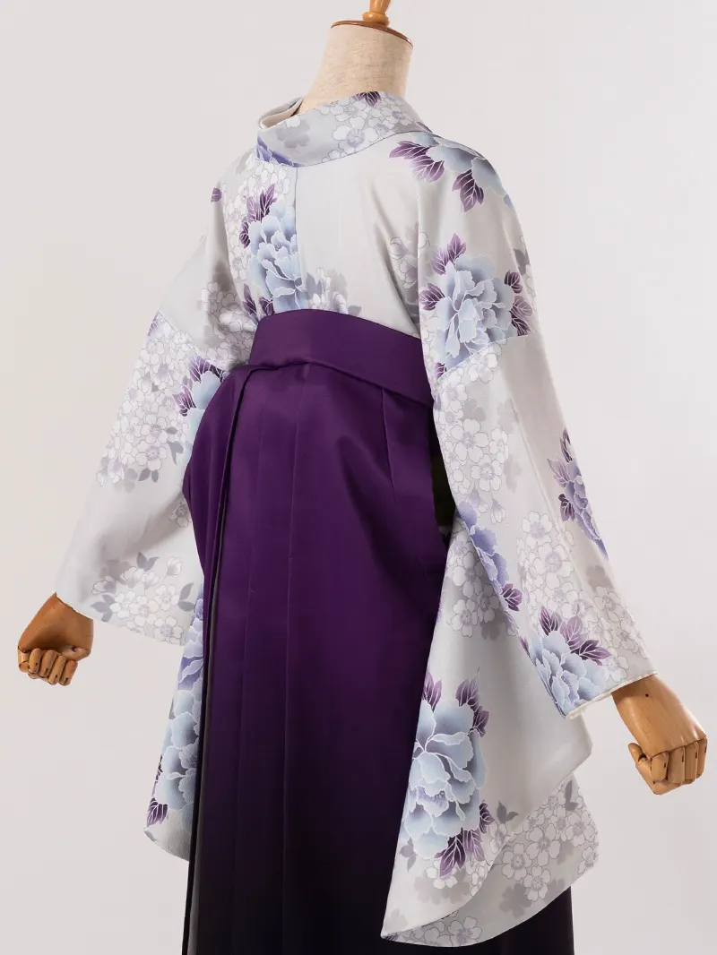 卒業袴 二尺袖 0708  「グレー地に芍薬と桜」ボカシバイカラー紫