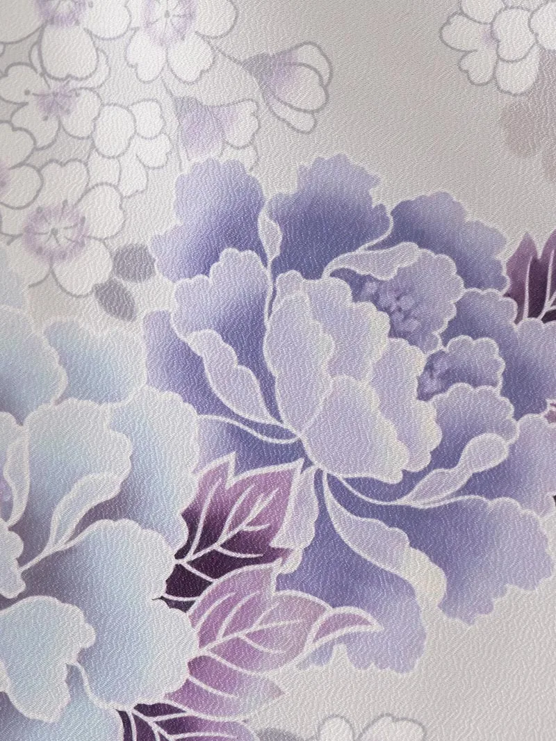 卒業袴 二尺袖 0708  「グレー地に芍薬と桜」ボカシバイカラー紫