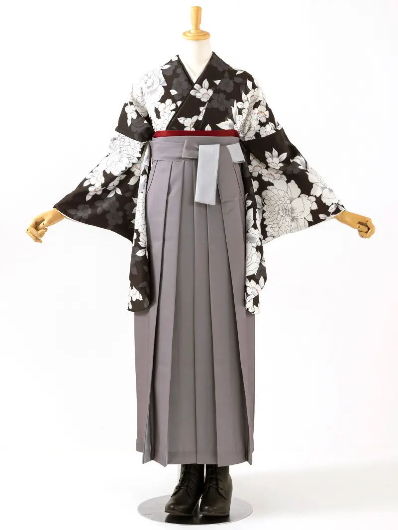 卒業袴 二尺袖 0709  「黒地に牡丹」バイカラー袴ダークグレー