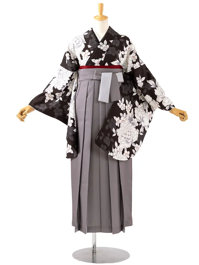 卒業袴 二尺袖 0709  「黒地に牡丹」バイカラー袴ダークグレー