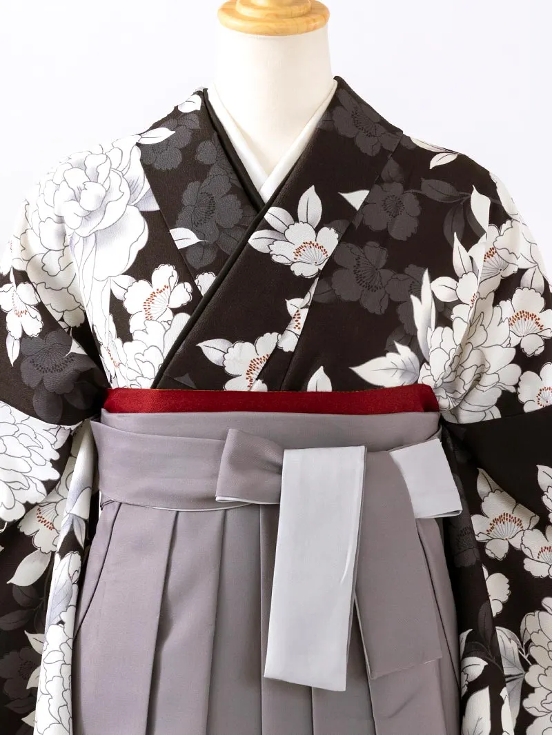 卒業袴 二尺袖 0709  「黒地に牡丹」バイカラー袴ダークグレー