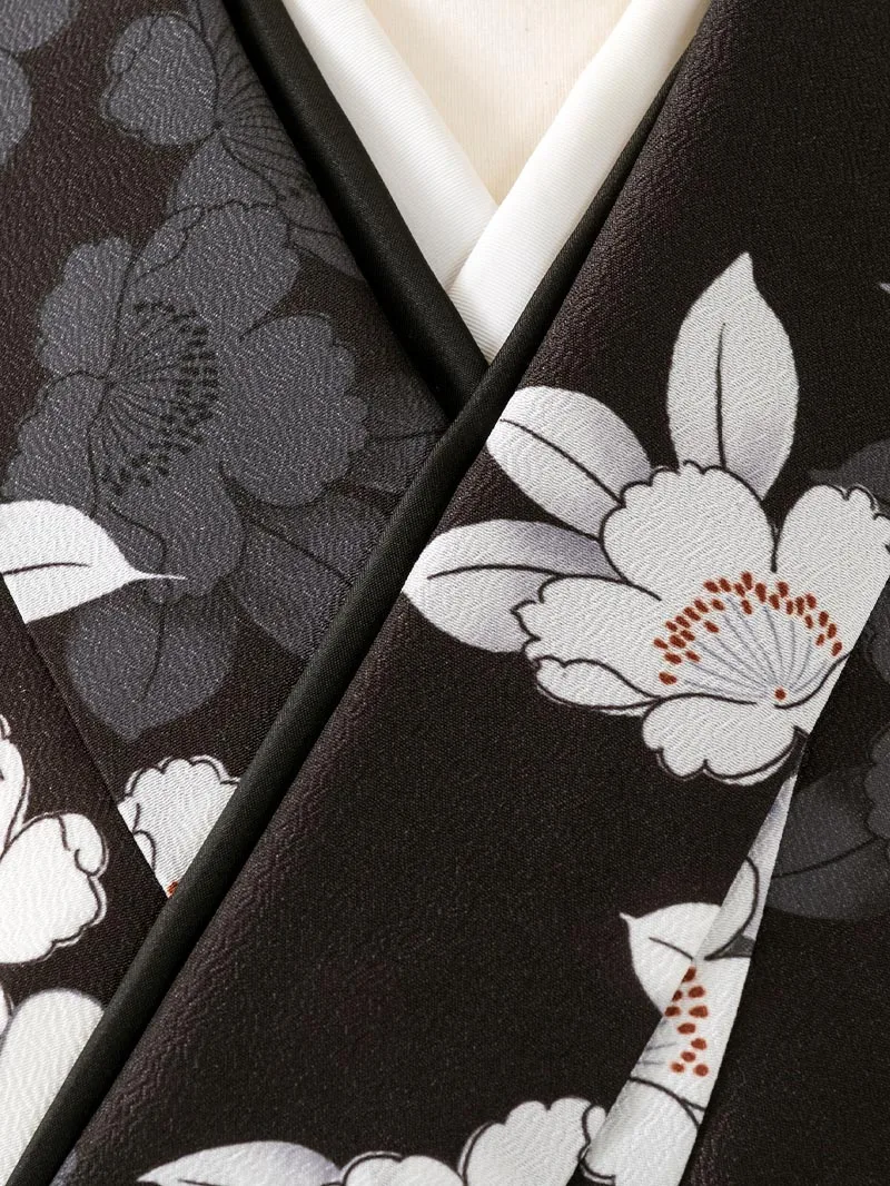 卒業袴 二尺袖 0709  「黒地に牡丹」バイカラー袴ダークグレー