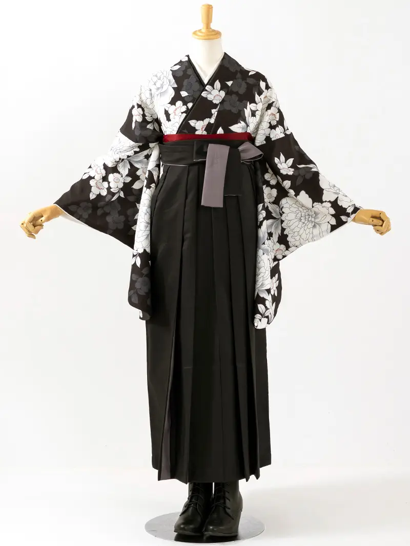 卒業袴 二尺袖 0710  「黒地に牡丹」バイカラー袴黒×グレー
