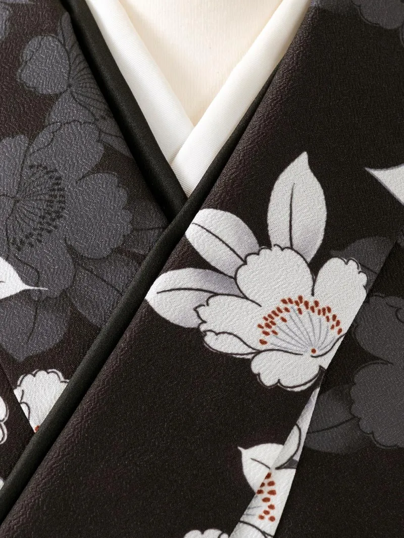 卒業袴 二尺袖 0710  「黒地に牡丹」バイカラー袴黒×グレー