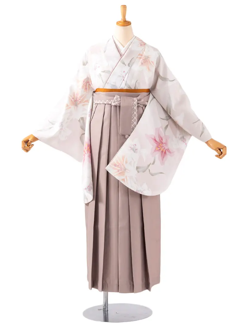 卒業袴 二尺袖 0711  「クリーム地に百合」レースプリント袴グレージュ