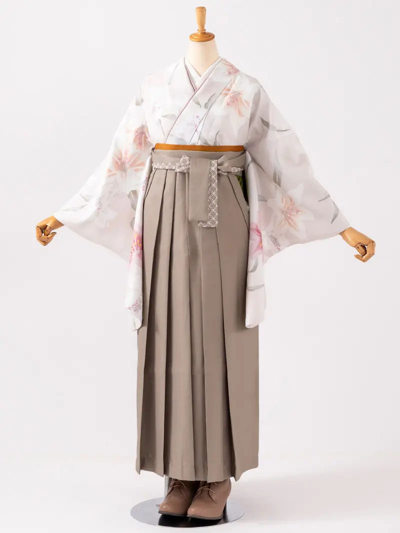 卒業袴 二尺袖 0711  「クリーム地に百合」レースプリント袴グレージュ