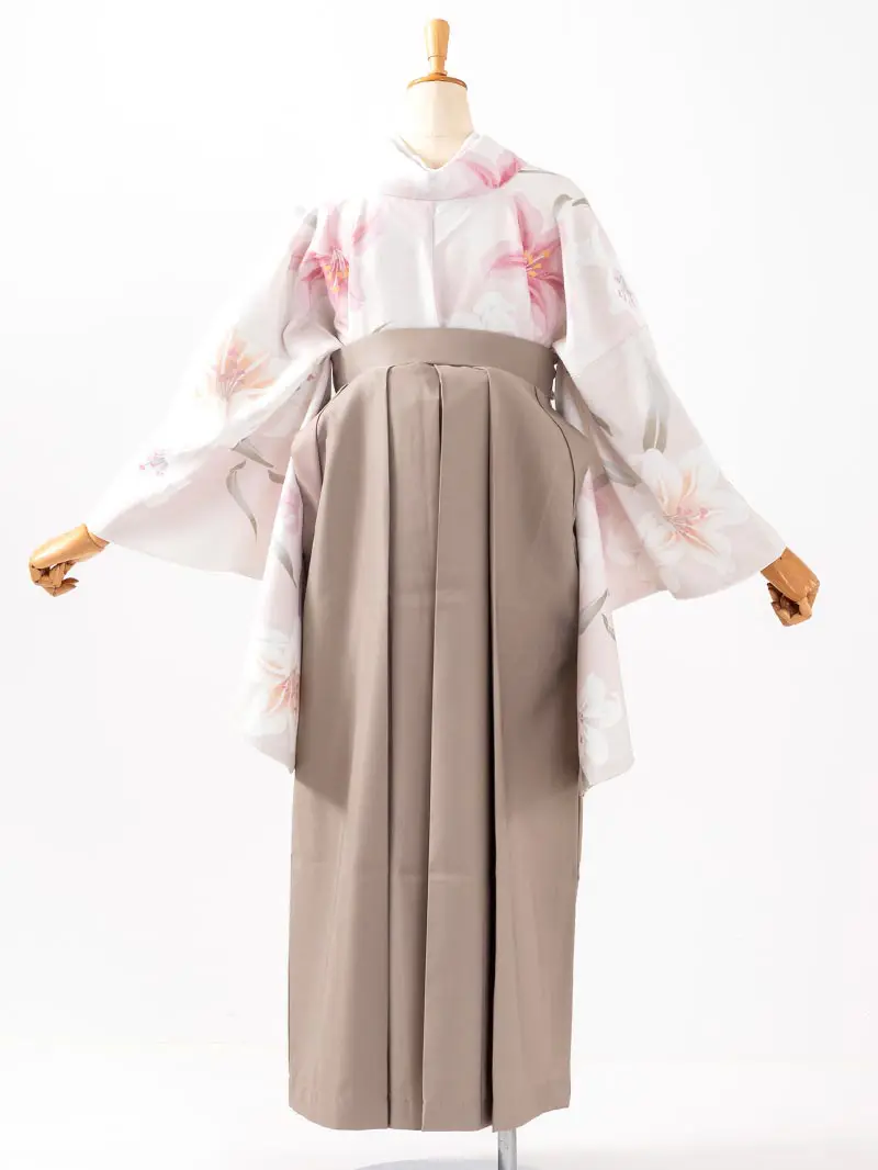 卒業袴 二尺袖 0711  「クリーム地に百合」レースプリント袴グレージュ